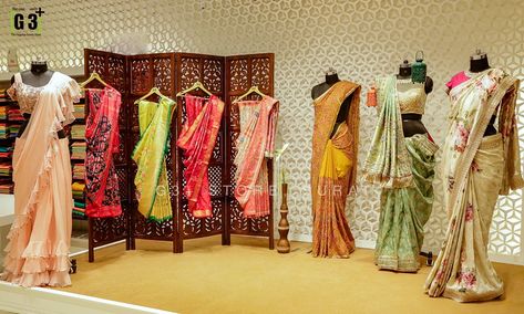 Saree Mannequin Display, Saree Exhibition Display, Saree Display Ideas Showroom, Saree Collection Latest, Saree Display, Textile Showroom, Designer Saree For Wedding, Haldi Saree, Summer Saree