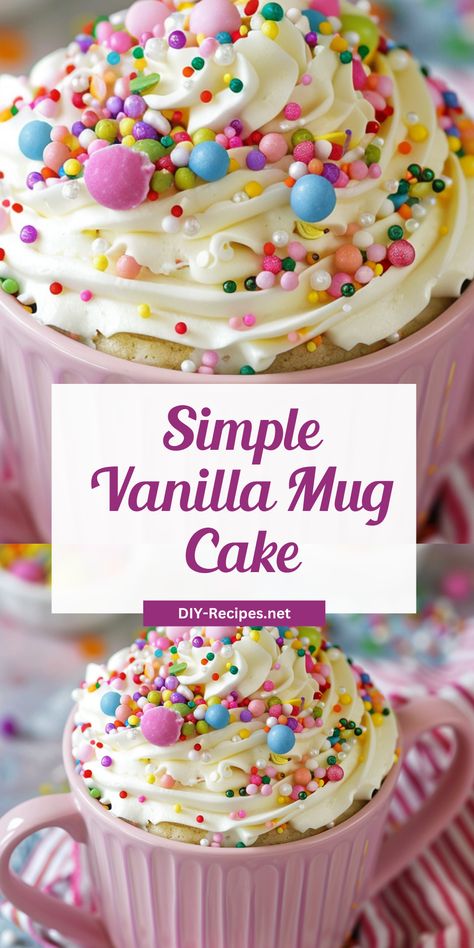 Simple and tasty vanilla mug cake recipe. Perfect for one! Dessert Recipes Without Vanilla Extract, Quick Vanilla Cake, Mug Cake Vanilla, Confetti Mug Cake, Vanilla Mug Cake Recipe, Cake For One Recipe, Vanilla Mug Cake, Mugcake Recipe, Easy Microwave Recipes