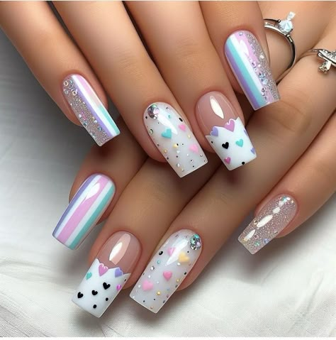 Rainbow Heart Nails, Cute Nail Art Ideas, Kawaii Summer, Quartz Nails, Wow Nails, Fancy Nails Designs, Simple Gel Nails, Cute Nail, Glow Nails