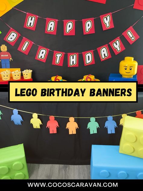 The best Lego birthday decorations - Coco's Caravan Lego Birthday Banner, Superhero Backdrop, Lego Birthday, Birthday Banner, Birthday Decorations, Caravan, Lego, To Create, Table Decorations