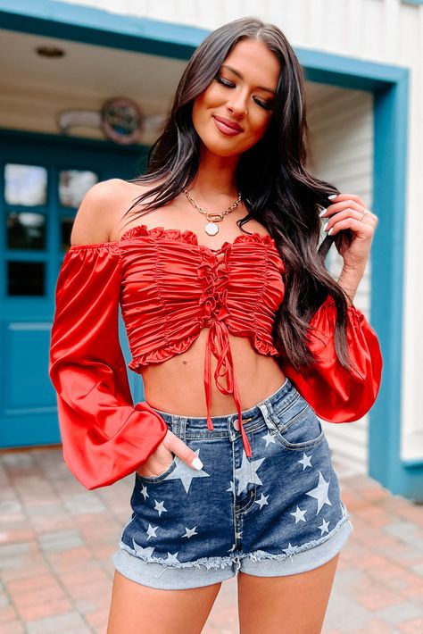 Taking Names Ruched Lace-Up Crop Top (Red) Americana Outfits, Rhinestone Fringe, Western Tops, Cropped Shirt, Large Dress, Summer Fashion Trends, Jeans Size Chart, Holiday Dress, Small Dress