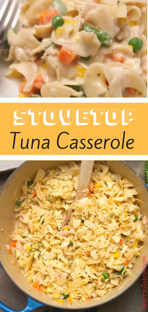 Easy Stovetop Tuna Noodle Casserole | This hearty and comforting creamy tuna and pasta Casserole is a simple and delicious weeknight meal made from scratch. Bake it in the oven topped with crushed potato chips or serve it stove-top style. Both versions are delicious! #casserolerecipes, #weeknightdinner Tuna Casserole Stovetop, Stove Top Tuna Noodle Casserole Easy, Stove Top Tuna Noodle Casserole, Stovetop Meals, Tuna Noodle Casserole Easy, Ruffles Chips, Popular Dinner Recipes, Tuna Noodle Casserole, Tuna Noodle