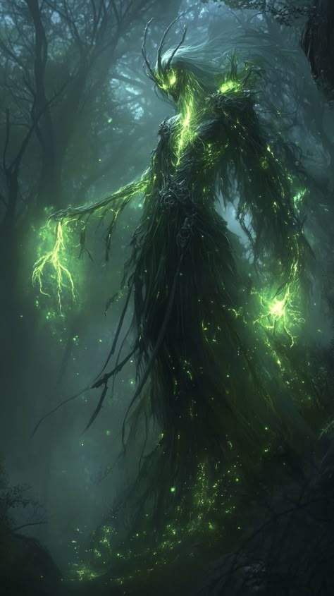 A towering figure of nature looms within a shadowed forest, its form woven from the very roots and branches of the earth. Green energy pulses through its body like veins of life, casting an ethereal glow that illuminates the misty darkness. Its wild, entangled hair flows like the wind, while its outstretched arms seem to channel the forest's ancient magic. Specks of green light drift around it, as if drawn to its presence. This guardian of the forest exudes power, a being of both serene beauty and formidable strength, embodying the spirit of nature itself. Nature Guardian, Earth Guardian, Nature God, Monster Forest, God Of Nature, Nature Magic Powers, Tree Creature, Forest Spirits, Scifi Forest