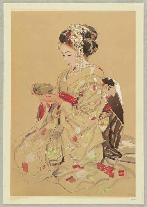 Saburo Miyamoto 1905-1974 - Twelve Maiko Subjects - Tea Ceremony - artelino Geisha Tea Ceremony, Maiko Illustration, Japanese Geisha Drawing, Traditional Japanese Painting, Japanese Traditional Art, A Level Art Sketchbook, Geisha Art, Japanese Art Prints, Japanese Artwork