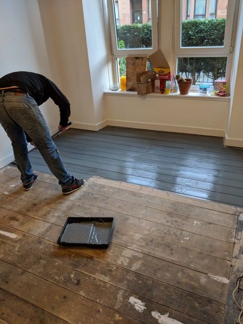 Painted Old Hardwood Floors, Painting Wooden Floors Ideas, Painting A Wood Floor, Bedroom Painted Floor, How To Paint Hardwood Floors Diy, Wooden Floor Painted, Farmhouse Painted Floors, Dark Painted Floors, Painting Wooden Floors