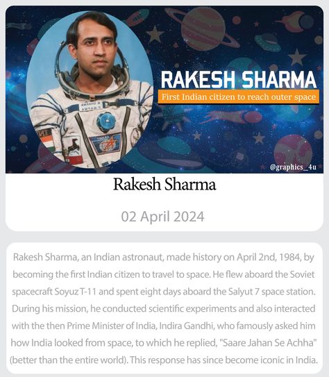 "Embarking on a journey beyond the stars 🚀✨ #RakeshSharma #IndianAstronaut #SpacePioneer" Rakesh Sharma, Scientific Experiment, The Eighth Day, Event Inspiration, Everyday Moments, Space Station, Space Exploration, Simple Pleasures, In This Moment