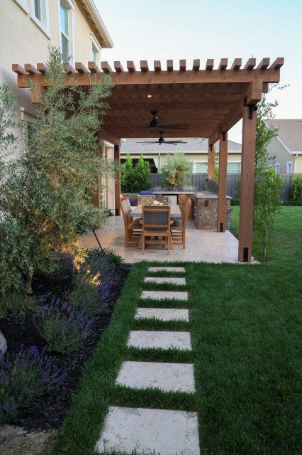 Mediterranean Davis backyard - Mediterranean - Sacramento - by Michael Glassman & Associates | Houzz Metal Trellis, Star Jasmine, Mediterranean Landscaping, Deck With Pergola, Deck Boards, Bougainvillea, Sacramento, Fire Pit, Pergola