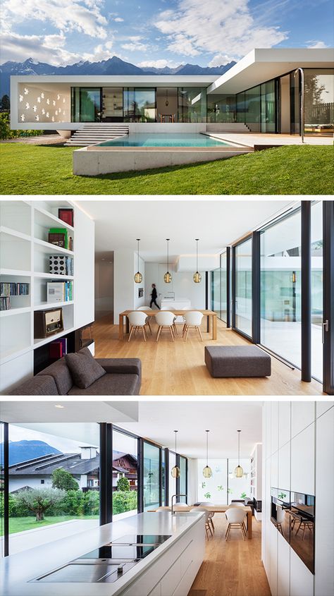 One Roof House Design, Merano Italy, Flat Roof Design, Industrial Living Room Design, A Modern House, Industrial Home Design, Contemporary Villa, Retreat House, Casa Country