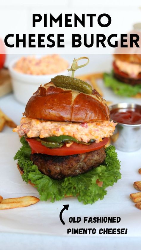 Prepare your tastebuds for satisfying flavors with this Southern Pimento Cheese Burger! Flavorful burger and pork patties are topped with delicious old fashioned pimento cheese and grilled serrano peppers. Pimento Cheese Burger, Southern Pimento Cheese, Pork Patties, Bacon Onion Jam, Serrano Peppers, Pimiento Cheese, Cheeseburger Recipe, Burger Night, Burger Toppings