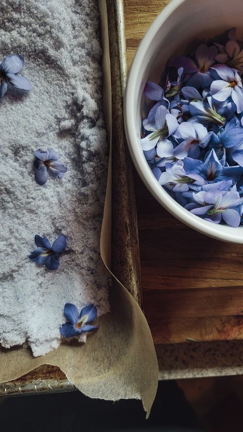 Wild Violet Sugar ♡ The violets give the sugar a beautiful purple color with little specks throughout. It will be the perfect topping for some wild violet sugar cookies we're making tomorrow. Violet Sugar, Sugar Cookies, Purple Color, Acai Bowl, Violet, Bowl, Purple, Color