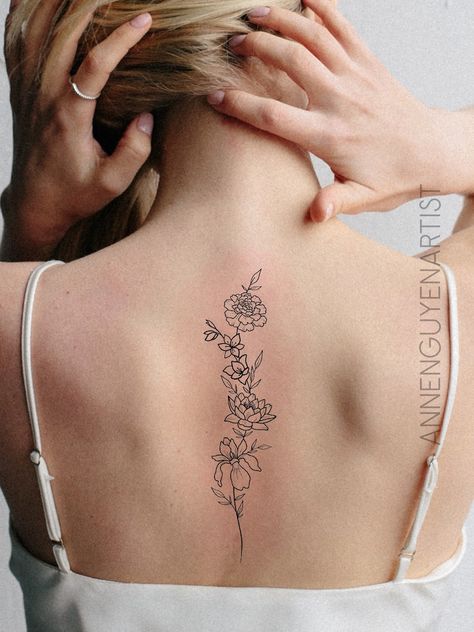 Birth Flowers Spine Tattoo, Spine Birth Flower Tattoos, Birth Flower Spine Tattoos For Women, Lily Of The Valley Spine Tattoo, Wildflower Spine Tattoo, Birth Flower Spine Tattoo, Spine Tattoo Placements, Floral Spine Tattoo, Tattoo Down Spine