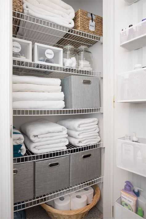 Hallway Linen Closet Organization Ideas - how to make the most of your small linen closet with these tips! Towels Organization Closet, Small Airing Cupboard Storage Ideas, Bathroom Organization Rental, How To Organize Extra Blankets And Pillows, Closet Organization Dresser Inside, Built In Closet Organizer, Towel Storage Cupboard, Storage Ideas For Cupboards, Hall Cupboard Storage