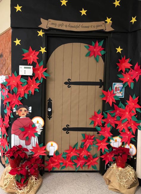 Christmas Village Door Decorating Contest, Feliz Navidad Door Decorating Contest, Middle School Door Decorating Ideas Christmas, Poinsettia Bulletin Board, Best Classroom Christmas Door, Spanish Christmas Door Decorations, Christmas In Mexico Classroom Door, Ela Christmas Door, 3d Christmas Tree Door Decoration