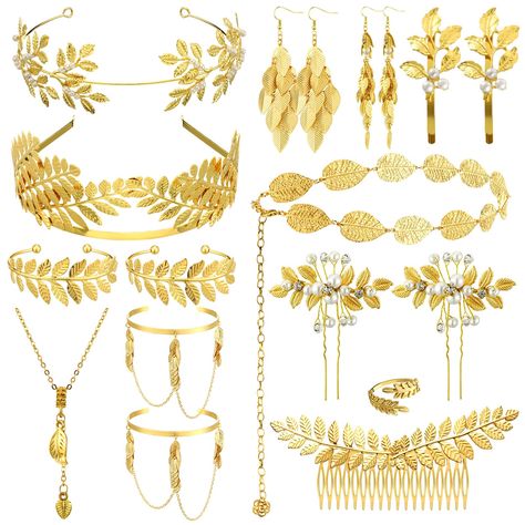 PRICES MAY VARY. Greek Goddess Costume Set: these Greek goddess accessories include most things that you need to transform into a beautiful Greek goddess; With 2 golden leaf crowns, 2 upper arm cuff coil bracelets, 2 bracelets, 1 pairs of artificial pearl drop earrings, 1 necklace, 1 toga waist belt, 2 hairpins, 2 hair clips, 1 ring, you have all the essential accessories for a beautiful Greek goddess look Alloy Material: these Greek goddess costume set are made with alloy material, these toga p Ancient Greek Headpiece, Greek Goddess Accessories, Goddess Costume Accessories, Greek Goddess Halloween Costume, Greek Headpiece, Goddess Accessories, Laurel Leaf Crown, Greek Goddess Costume Halloween, Goddess Halloween Costume