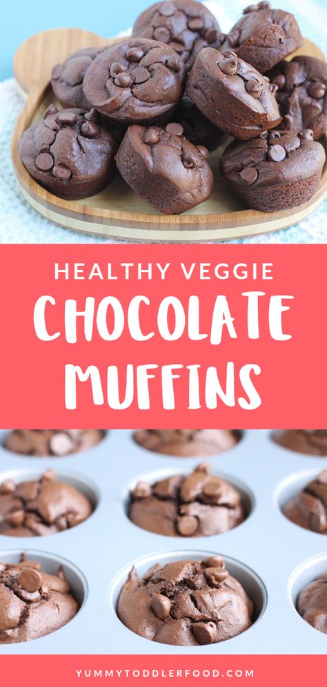 Healthy Chocolate Muffins with hidden KALE and lots of PROTEIN—that taste like brownies...YES. Such a great breakfast idea for kids. #glutenfree #proteinmuffins #chocolatemuffins #toddlerfood Veggie Chocolate Chip Muffins, Muffins With Vegetables, Veggie Brownies For Kids, Chocolate Carrot Muffins, Veggie Chocolate Muffins, Toddler Brownies, Healthy Kid Muffin Recipes, Mini Muffins For Kids Healthy, High Fiber Muffins For Kids