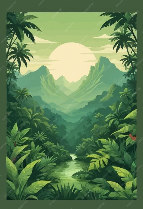 Premium Vector | A poster for a tropical paradise with a river and mountains in the background Mountain Background Illustration, Coffee Mural, Tropical Mountains, Tropical Posters, River Illustration, River Drawing, Mountain Poster, Tropical Poster, Mountain Background