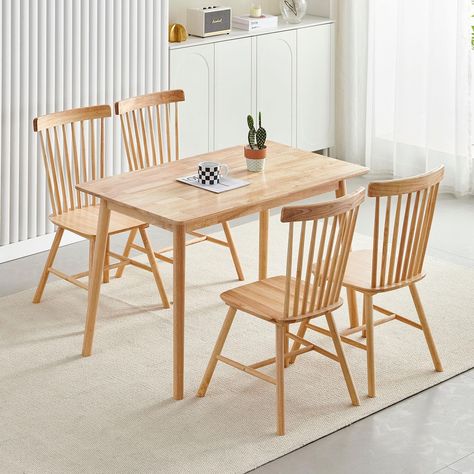 PRICES MAY VARY. [Dining Table Wood Set for 4] This 5-piece wood dining table set, which is able to seat up 4 persons, includes 1 solid wood rectangular table and 4 solid wood Windsor chairs. Perfectly match with your kitchen, dining room, or breakfast nook. [Sturdy Dining Room Wood Table Set] The modern 5 pieces wood dining table set, made of natural solid wood, the wood rectangular table can support up to 110lb and the wooden chairs can support up to 300 lb. [Exquisite Table and Chairs Wood se Modern Dinner Table, Rectangular Kitchen Table, Wooden Dining Room Table, Dining Table Solid Wood, Wood Dining Table Set, Dining Table Set For 4, Wooden Dining Table Set, Rectangular Kitchen, Wood Dining Room Table