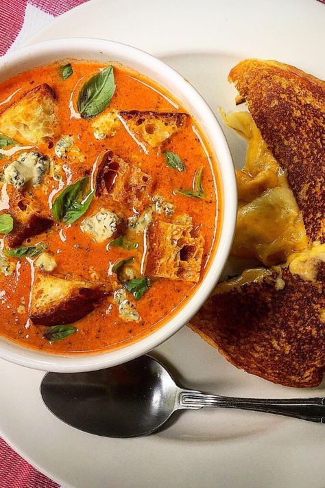 Blue Cheese Tomato Soup, Blue Cheese Soup Recipes, Soup And Sandwich Combos, Creamed Soups, Blue Cheese Soup, Party Salad, Soup Weather, Best Grilled Cheese, Smoked Cheese