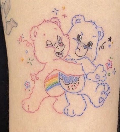 Pink Care Bear Tattoo, Love A Lot Care Bear Tattoo, Care Bear Tattoo Outline, Care Bears Tattoo Ideas, Carebears Tattoos, Carebear Drawing, Grumpy Bear Tattoo, Care Bear Tattoo Ideas, Care Bear Tattoo