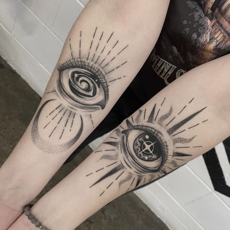 Fresh V Healed! Super happy with how these healed!! Thank you again Courtney for getting these tattoos! • • • • #blackwork #ink #inked #eye #eyetattoo #eyetattoos #sunandmoon #sunandmoontattoo #celestial #limework #forearmtattoo #matchingtattoos #tattoodesigm #stipple #eyetattoo #femaletattooartist #freshvshealed #healedtattoo #allegoryblak #stippletattoo #galaxy #sun #moon #michigantattooartist #michigantattooers #blackandgrey #blackandgreytattoo #tattooshop #tattooartist Sun Eye Tattoo, Moon Eye Tattoo, Michigan Tattoos, Eyes Tattoo, Female Tattoo Artists, Witching Hour, My Tattoo, Eye Tattoo, Matching Tattoos