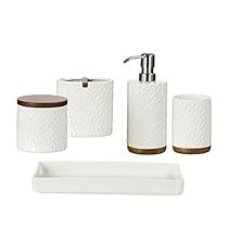 Black Bathroom Accessories, Wood Bath, Bathroom Accessories Set, White And Beige, Bathroom Accessory Sets, Soap Pump, Bathroom Accessory Set, Wood Bathroom, Lotion Dispenser