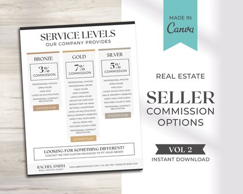 "DIGITAL DOWNLOAD TEMPLATE ON CANVA | Seller Commission Sheet for REAL ESTATE Vol 2 Welcome to The Creative Page Co. Take your Real Estate marketing to the next level! Use this Seller Commission Sheet to inform your clients of the different types of services you can provide for various prices. This will help your clients decide on the level of help they require to sell their home. Stand out by sending this letter off gain new leads, all while saving yourself valuable time and effort. This is an instant downloadable Canva Template for real estate agents looking to stand out in the market. This design is already written, but you can fully customize the text, color, and appearance! Once you are finished you can download and print off your final product or send your flyer off digitally! *All i Commission Sheet, Listing Presentation Real Estate, Listing Presentation, Sheet Template, Real Estate Flyers, Vol 2, Real Estate Marketing, Real Estate Agent, Save Yourself