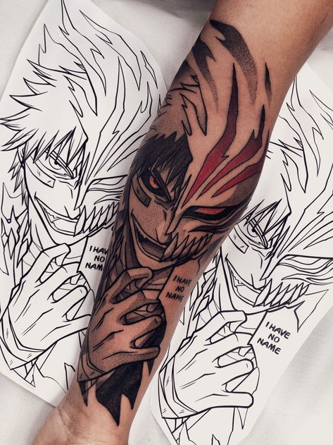 por @menudotattoo - Ichigo kurosaki - bleach - otaku - geek - anime - hollow - vasto lorde - tatuagem Ichigo Tattoo Hollow, Anime Arm Tat, Tensa Zangetsu Tattoo, Bleach Tattoos Anime, Bleach Mask Tattoo, Ichigo Kurosaki Tattoo Design, Small Bleach Tattoo, Hollow Ichigo Tattoo, Ichigo Bankai Tattoo