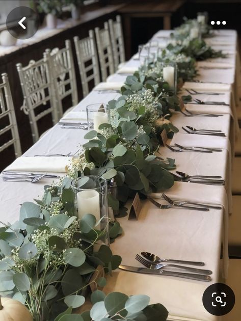 Wedding Table Set Up Without Plates, Eucalyptus Centerpiece Long Table, Herb Table Decor, Olive Green Wedding Table, Simple Wedding Centerpieces Long Tables, Rectangular Wedding Table Decor, Circle Wedding Table Decor, Brown Wedding Themes, White Wedding Flowers Centerpieces