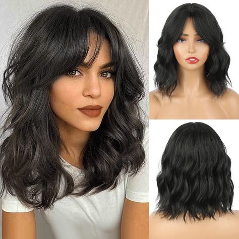 Aisaide Short Curly Wavy Bob Wig with Curtain Bangs Black Curly Bob Wigs with Bangs for Women Synthetic Bob Curly Wavy Wig Natural Hair Shoulder Length Wigs for Women 14inch 1B# Curly Bob With Curtain Bangs, Short Wavy Hair With Curtain Bangs, Black Curly Bob, Wig With Curtain Bangs, Curly Wavy Bob, Shoulder Length Wigs, Wig Natural Hair, Short Medium Length Hair, Shoulder Length Wavy Hair