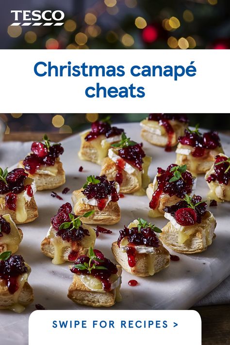 Hosting a Christmas party this year? Serve up a delicious canapé selection, from mini toad-in-the-holes to colourful Hawaiian skewers or cheesy rarebit potatoes. | Tesco Nibbles Ideas, Best Canapes, Christmas Party Finger Foods, Christmas Nibbles, Christmas Canapes, Christmas Finger Foods, Party Nibbles, Nibbles For Party, Christmas Pastries