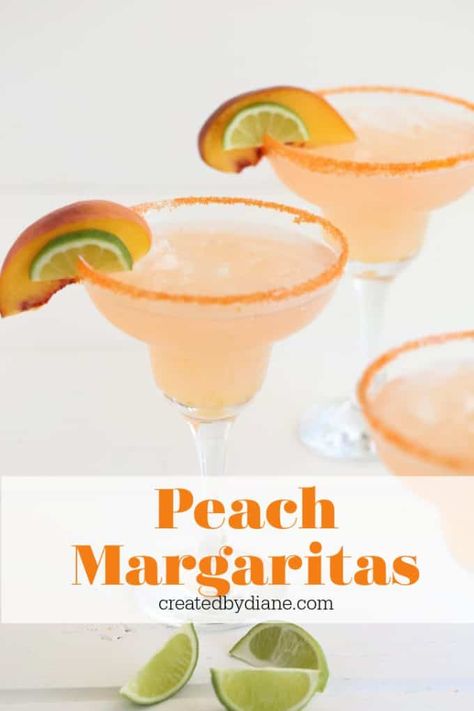 Peach Margarita Recipe | Created by Diane Peach Margarita Recipe, Peach Margarita Recipes, Peach Margaritas, Flavored Tequila, Lime Lemonade, Peach Margarita, Flavored Margaritas, Peach Syrup, Lime Recipes