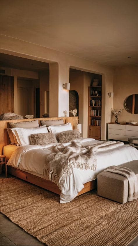 Cozy bedroom with wooden bed, white and beige bedding, soft lighting, woven rug, and a small bookshelf. Clean Bed Aesthetic, Quiet Luxury Bedroom, Cosy Bedroom Aesthetic, Warm Neutral Bedroom Ideas, Calming Color Schemes, Cozy Bedroom Aesthetic, Cozy Bedroom Decor Ideas, Cozy Bedroom Decor, Cozy Bedrooms