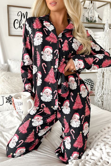 $12.25 Black Christmas Santa Printed Two Piece Pajamas Set Wholesale Pink Christmas Pajamas, Fall Pjs, Christmas Pajamas Women, Womens Christmas Pajamas, Santa Pajamas, Bandana Top, Pink Santa, Christmas Pjs, Knit Jumpsuit