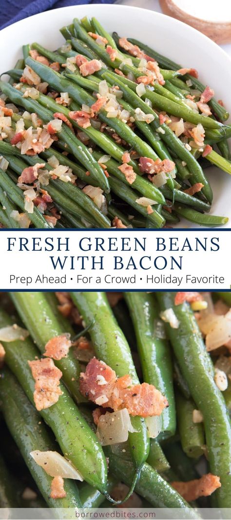 Green beans cooked in a rich broth full of smokey bacon, savory onions and aromatic garlic make these Fresh Green Beans with Bacon exceptionally flavorful. With easy prep-ahead instructions, they make the perfect side dish to serve at your next holiday dinner or weeknight meal! #greenbeans #bacon #sidedish #fresh #easy #sides #veggies #thanksgiving #christmas #easter #holidayrecipe Garlic Bacon Green Beans, Green Beans Bacon Onion, Fresh Green Beans With Bacon, Green Bean Recipes Oven, Greenbeans Bacon, Veggies Thanksgiving, Bacon Green Beans Recipe, Oven Green Beans, Sides Veggies