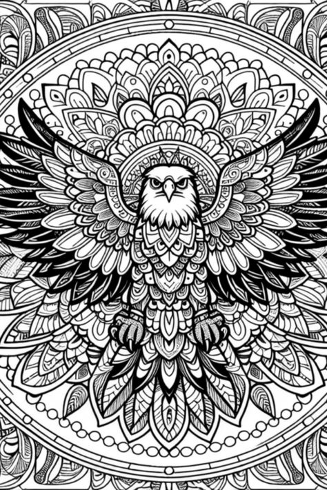 Get lost in the beauty of this intricate mandala featuring a majestic eagle spread glamourously across this captivating coloring page. Unveil your creative side by adding life to the detailed feathers and fancy artwork, making it a joyful and inspiring coloring journey! Fancy Artwork, Forest Coloring Pages, Tato Naga, Enchanted Forest Coloring, Intricate Mandala, Mandala Animal, Native American Traditions, Forest Color, Free Adult Coloring Pages