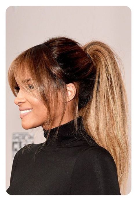 97 Amazing Ponytail With Bangs Hairstyles Long Hairstyles With Bangs, Short Brunette, Dark Ombre Hair, Brunette Hairstyles, Bangs Ponytail, Blond Ombre, 1920s Hair, High Ponytail Hairstyles, Banana Hair Clips