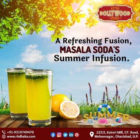 "Quench your thirst with a zesty twist! Try our refreshing Masala Soda at Retro Bollywood Dhaba! 🍹✨" Experience the perfect blend of tangy flavors, aromatic spices, and fizzy bubbles. Let the invigorating taste of Masala Soda dance on your palate, leaving you refreshed and rejuvenated. #RetroBollywoodDhaba #MasalaSoda #RefreshinglyDelicious #BollywoodFlavors #ThirstQuencher #TasteBudAdventure #BollywoodNostalgia #FoodieMagic #FoodieCommunity #BollywoodBeverages #DrinkWithFlair Soda Ads, Retro Bollywood, Taste Buds, Bubbles, Twist