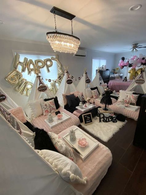 Paris Slumber Party Ideas, Sleep Over Parties, Paris Sleepover Party, Sleepover Ideas Decorations, Teepee Tent Sleepover Party, Yurt Party, Sleepover Set Up Ideas Slumber Parties, 13th Birthday Party Ideas Sleepover, Adult Slumber Party Decorations