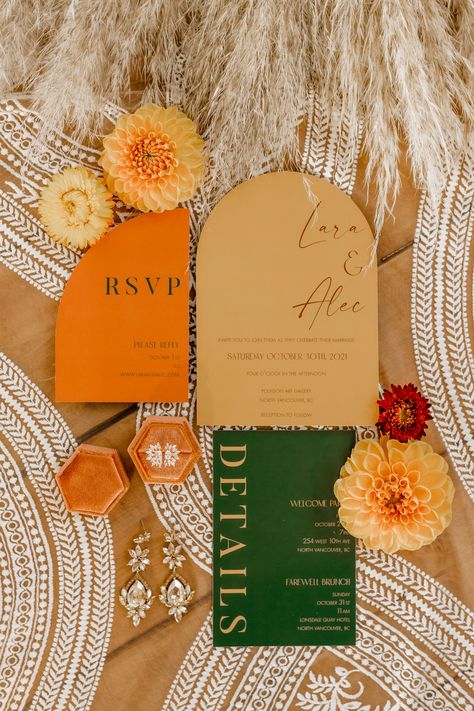 Orange And Green Themed Wedding, Colorful Boho Wedding Invitation, Diy Boho Wedding Invitations, Orange Green Wedding Decor, Summer Orange Wedding Theme, Orange Yellow And Green Wedding, Wedding Theme Ideas Green, Wedding Invitation Trends 2023, Emerald And Mustard Wedding