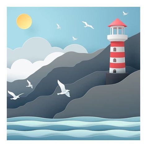 Papercut Landscape, Lighthouse Illustration, Cut Paper Illustration, Box Frame Art, Paper Art Sculpture, Paper Cutout Art, Sea Landscape, Beach Illustration, Cool Paper Crafts