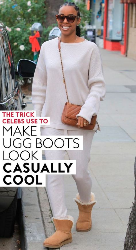 Jennifer Lopez also joined Rowland in the Ugg boot movement. She switched things up and paired her cozy boots with black leggings, but the one thing both looks have in common: cozy beige sweaters.#style #ootd #fashion Ugg Tall Boots Outfit, Ugg Boots Outfit Fall, Black Ugg Boots Outfit, Ugg Boot Outfits, Black Uggs Outfit, Beige Sweaters, Sweaters Style, Outfit With Uggs, Ugg Boots Outfit