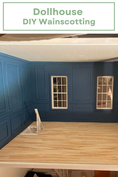 Make your own accent walls with wainscotting from coffee stirrers Doll House Wall Decor, Painting Dollhouse Furniture, Dollhouse Wall Ideas, Walls With Wainscotting, Vintage Dollhouse Aesthetic, Dollhouse Siding Diy, Victoria's Farmhouse Dollhouse Interior, 1 24 Scale Miniatures Diy, Dollhouse Room Ideas