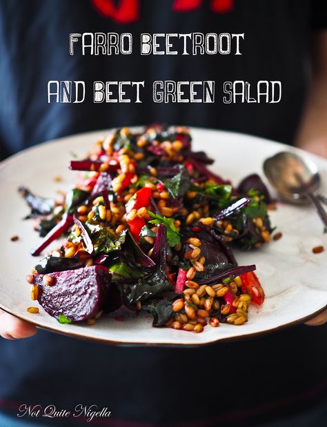 Farro Beetroot Salad Beet Green Salad, Garlic Salad Recipe, Sauteed Beet Greens, Farro Salad Recipes, Fancy Dishes, Farro Salad, Beetroot Salad, Beet Greens, Beet Salad