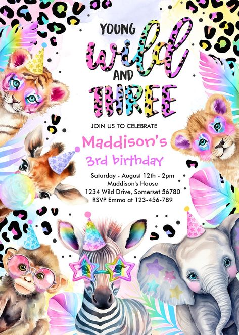 animal birthday invitations young wild and three safari pink girl birthday invitation safari jungle birthday safari birthday safari party party animals leopard print party leopard print safari party animals young wild and three safari young wild and three birthday Born Two Be Wild, Third Birthday Girl, Leopard Print Party, Leopard Birthday, Third Birthday Invitations, Young Wild And Three, Pink Girl Birthday, Animal Birthday Invitation, Animals Safari