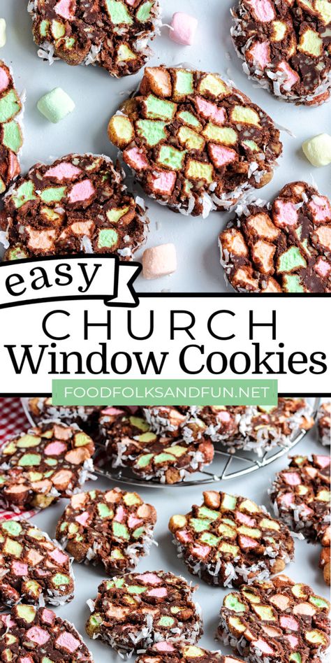 These Church Window Cookies are easy no-bake chocolate, marshmallow, and coconut cookies that are fun to make and a little something different for your cookie trays. via @foodfolksandfun No Bake Marshmallow Cookies, Cathedral Cookies Recipe, Cathedral Window Cookies, Marshmallow Coconut Cookies, Flaked Coconut Recipes, Church Windows Cookies, Marshmallow Cookies Easy, Colored Marshmallow Recipes, Cathedral Window Cookies Recipe