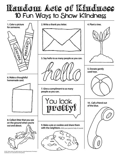 Fun + Easy Acts of Kindness Infographic Coloring Pages | Coloring Pages for Kids | Printable Coloring Pages Acts Of Kindness At School, Kindness Preschool Crafts, Random Acts Of Kindness Ideas For School, Kindness Worksheets For Kids, Kindness Crafts For Kids, Ways To Show Kindness, Kindness Crafts, February Preschool, Random Acts Of Kindness Day