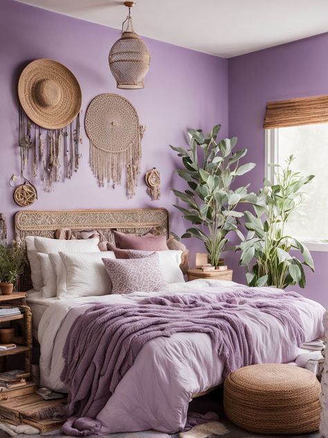 Ready to create a boho bedroom that's a unique oasis? Browse our expert roundup of boho bedroom ideas, featuring everything from statement lighting to eclectic decor. Get inspired to create a space that's truly one-of-a-kind. #BohoBedroomInspiration #UniqueOasis #BohemianDecor Boho Bedroom Lavender, Boho Bedroom Purple Walls, Boho Lilac Bedroom, Room Decor Purple Aesthetic, Boho Bedroom Purple, Boho Purple Bedroom, Purple Walls Bedroom Ideas, Bedroom Textures, Lavender Boho Bedroom