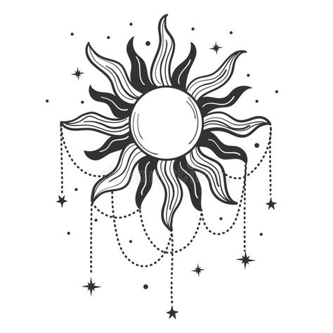 Modern symbol of the sun with jewelry, stylized drawing, engraving. Vintage mystical design in boho style, logo, tattoo royalty free illustration Mandala Sun Tattoo, Stylized Drawing, Boho Tattoo, Celestial Symbols, Desenhos Love, Celestial Tattoo, Sun Tattoo Designs, Hippie Tattoo, Sun Mandala