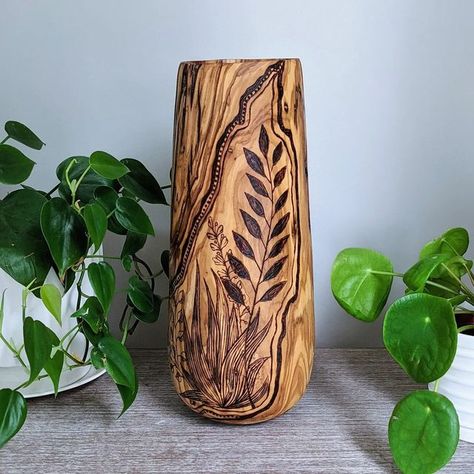 Burning Water, Wood Tattoo, Wood Deco, Fall Fest, Pyrography Art, Wood Plant Stand, Wood Vase, Wood Burning Art, Floral Elements