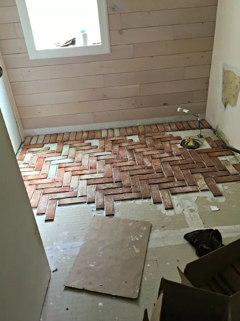 Brick Floor Bathroom, Exterior Brick Veneer, Brick Tile Floor, Solar Diy, Brick Bathroom, Flooring Diy, Brick Tile, Brick Veneer, Kitchen Installation